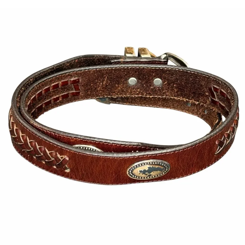 Vintage Latigo Leather Belt 34 Brown Antique Silver Concho Patina Braid Western‎